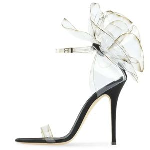 Mesdames 2024 Femmes PVC Cuir 9,5 cm High Heels Sandals Summer Mariage décontracté Gladiateur sexy Transparent Flower Peep-Toe One-Line Buckl F04