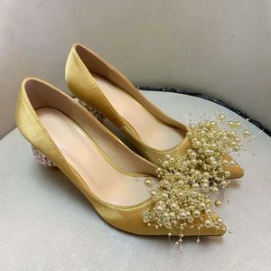 Mesdames 2024 Femmes Tacher les chaussures de robe en cuir véritable véritable diamant 8cm cône hauts sandales Summer pollige pointu wedding sexy slip-on butine taille 35-43 82dc