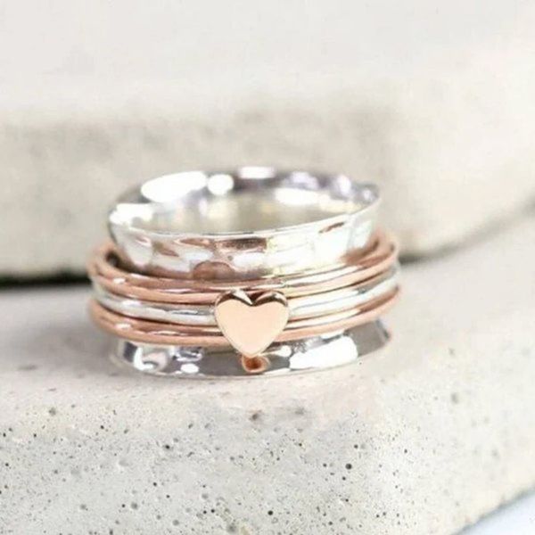 Dames anxiété bande empilable anneau rotatif pêche coeur deux tons décompression anneaux coeur amour bijoux pour cadeau