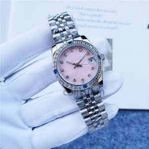 Dames automatisch mechanisch horloge diamanten ring roze gezicht roestvrijstalen band 28/31 mm klein formaat