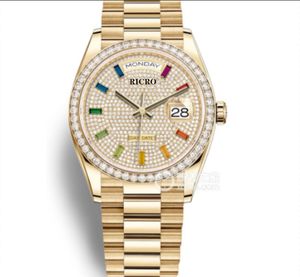 Dames Automatisch horloge 36 mm Diamant bezel Sapphire Face Rainbow Square Diamond Ding roestvrijstalen korting waterdicht