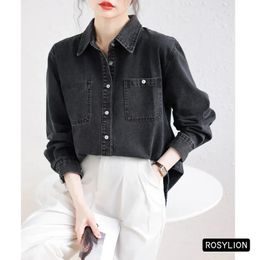 Damas Camisa de mezclilla negra Mujeres Protección solar casual Botón de algodón de algodón de algodón largo y delgada