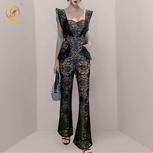 Dames Zwart Kant Holle Jumpsuits Dames Vliegende Mouw Sexy Spaghetti Strap Vrouwelijke Mode Casual Lange Romper 210520