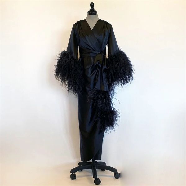 Señoras Negro Seda Satin Wraps Fur Photo Robes Foto Hecho a medida suave suave Mangas largas Pijamas Vestidos Maternidad Vestidos de fiesta Foto Sesión de baño Bathrobes