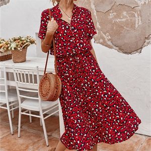 Dames bohemian luipaard print shirt jurk vrouwen casual midi vakantie zomer vrouwelijke a-line losse strand vestidos 220418