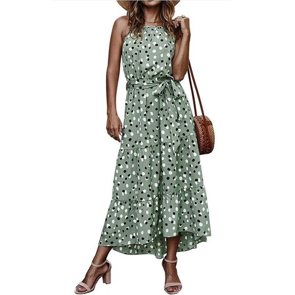 Señoras Boho verano vestido de mujer lunares sexy maxi dess mujeres foral impresión larga vacaciones sundress mujeres vestido de playa vestido femenino 210416