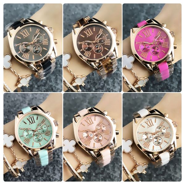 Dames marque luxury watch girl roman numérique trois yeux calivations classiques cadran en acier doré groupe quartz watch romain numérique datation de datation de datation