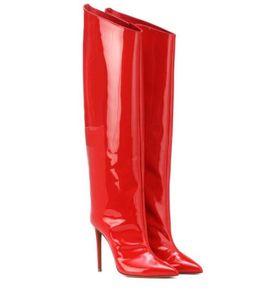 Dames couleur bonbon miroir cuir métallisé le genou femmes botte longue 12 cm talons hauts bout pointu bottes à glissière grande taille pour les chaussures de fête des filles