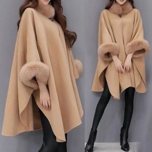 Dames Cape-jas Effen Kleur Imitatiebontkraag Herfst Winter Warm Los Halflang Poncho-jack voor dagelijks gebruik Boheemse sjaal 240108