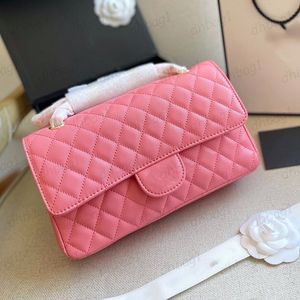 Dames klassieke dubbele klep rechthoekige kersenbloesems roze tassen koehide kaviaar leer echt leer groot capaciteit multi pochette France dames handtassen 25 cm