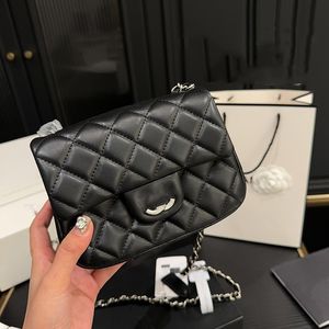 Mini sacs à main classiques en cuir d'agneau matelassé pour femmes, matériel en métal argenté, chaîne Matelasse, sacs à main à bandoulière, serrure tournante, noir et blanc, étui à cosmétiques, sac à main 17CM