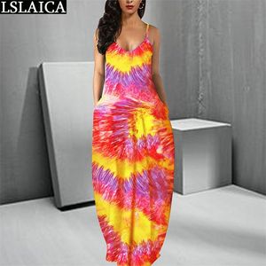 Dames Vêtements Tie Dye Gradient Diagonal Stripe Imprimé Deep V Neck Sling Dress Floor-Length Casual A-Line Femmes 210515