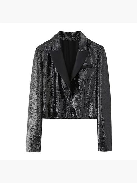 Dames Club Style élégant paillettes brillantes automne noir court blazer vêtements d'extérieur 2023 Chic fille s mode à manches longues veste streetwear 231228