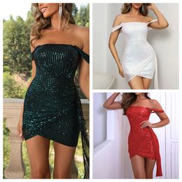 Dames Designer Drop épaule à paillettes Tempérament robe de soirée de couleur solide sexy