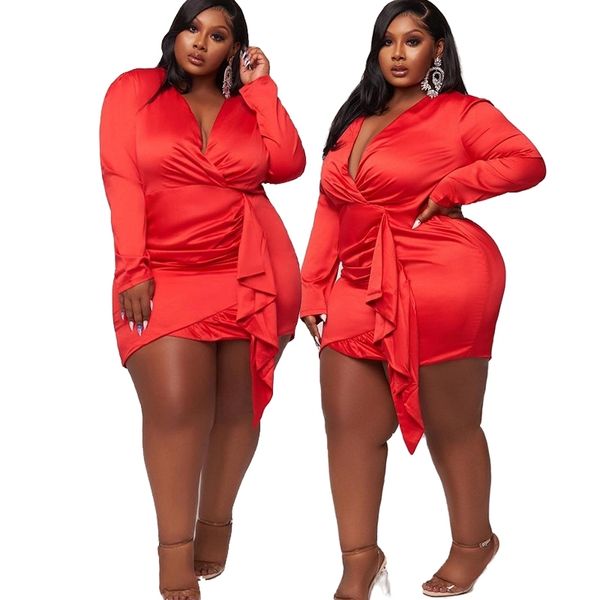 Dames Robes Plus Taille Vêtements V Cou Transparent Sexy À Manches Longues Party Night Club Robe Satin Robe En Gros Dropshipping 210319