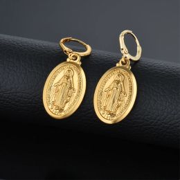 Dames oorbellen 14k geel goud Maagd Maria kruis drop Dangle Oorbellen voor vrouwen Dames oorbellen religieuze christelijke sieraden Brincos