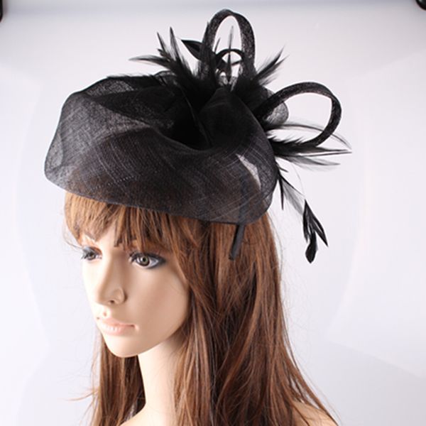 Damas Feather Elegant Sinamay Hats Mujeres Derby Accesorios para el cabello Fascinadores de fantasía para sombreros de boda Sombreros nupciales y carreras de 1524