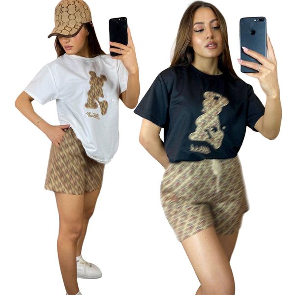 Conjunto de pantalones cortos con estampado de moda informal de manga corta negra bordada para mujer envío gratis