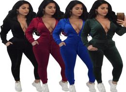 Fashion Fashion Casual Automne Velvet Twopiece Tenifits PlaySuit Jumps Fall Fall Honey Solived Color Long Pantalon Hooded S6143680