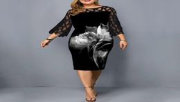 Dames Bloemenjurken Plus Size Zwart Mesh Elegante Vrouwen Bruiloft Jurk 34 Mouw Zomer Lente Vrouwelijke Bodycon Wear3982008