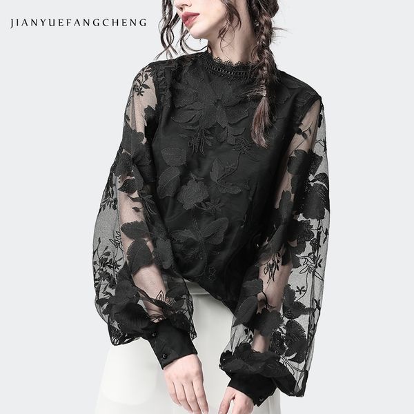 Mesdames Floral Broderie Blouses TRANSPORT TOPES DE MANCHES DE LA MANCHES DE LA LANTEAU TRANSPORT SOMME COLLIER PLUS DE TAILLE FEMMES NOIR CHIFFON Blouse T200502