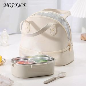 Bolso de mano para mujer, caja de almuerzo de cuero PU de gran capacidad, contenedor, bolsa de preparación de comidas de doble capa para viajes, trabajo, escuela, picnic 231226