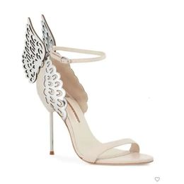 Dames gratis high 2024 Verzending lederen hakken bruiloft sandalen gesp geworden Rose massieve vlinder ornamenten Sophia Webster schoenen naakt Hollow Out Wing D A096