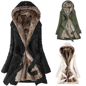 Dames fourrure doublure Trench-Coat femmes hiver chaud épais longue capuche Outwear 201031