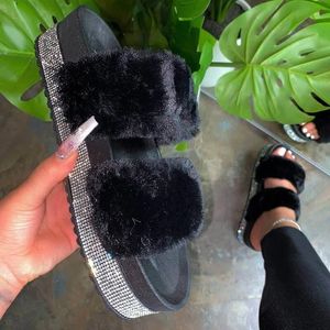 Damesbont Rhinestone Slippers Platform Wiggen Hak Zwart Faux Flur Antislip Buiten Indoor Slides Mode Luxe Schoenen