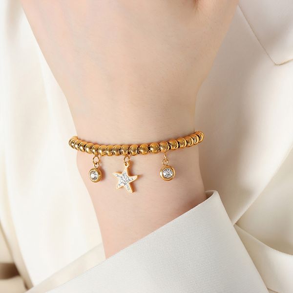 Pulsera con cuentas y colgante redondo de estrella de mar de diamantes dorados para mujer, chapada en acero inoxidable, regalo de joyería de moda en oro de 18k