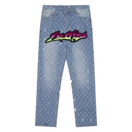 Dames gradiënt graffiti bedrukte vlamjeans Bedrukte patchwork uitlopende jeans Geborduurde slim-fit high street jeans