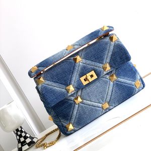 Dames handtas ketting schouder crossbody tas lederen handheld hardware lock buckle klinknagel diamant rooster noodlijdende denim afneembare verstelbare schouderband