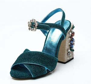 Dames livraison gratuite en cuir diamant perle chunky cm talon haut peep toes boucle boucle sandales chaussures croix blue paillettes