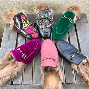 2019 luxe mannen vrouwen bont muilezel slippers leer platte Suède schoenen Bloem slang muilezel fashion outdoor slippers Winter schoenen maat 36-46 met doos