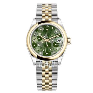 Reloj mecánico para mujer, relojes de 31mm para mujer, esfera de flores verdes, correa de acero inoxidable dorada plateada 315Y
