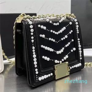 Dames mini flap tassen stevige kleur echte lederen designer tassen luxe parel decoratie met diamanten bakken handtassen crossbody schoudertas 20 cm