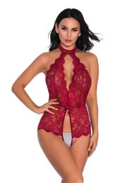 Dames Open Bodysuit Hollow Floral Kant Perspectief Halter Teddy Dames Erotische Corset Lingerie 211208