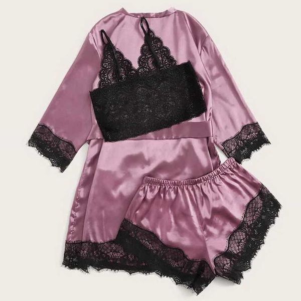 Dames Pajamas Set Sexy Dentelle Soutien-gorge Sous-gorge Peignoir Satin Stands Satin Service Home Silky Soft Soft confortable Robe Pajamas Q0706