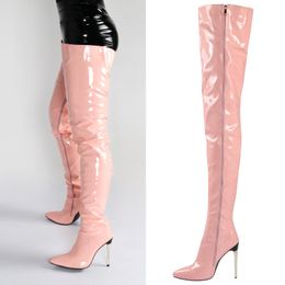 Ladies Patent Leather over de knie laarzen hoge hak sexy hoge laars nieuw groot groot formaat stiletto dames laarzen botas mujer voor meisjes feestschoenen 35-43