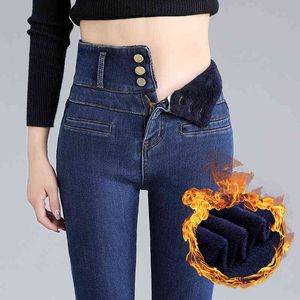 Dames plus fluwelen super hoge taille sexy skinny jeans winter warmte buik retro blauw zwart dikke elastische denim potlood broek 211129