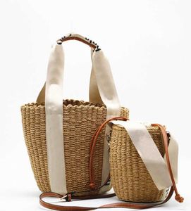 Dames draagbare mand handtas stro houtachtige barrel portemonnee ontwerpers mode geweven lederen emmerzakken buiten reizen strandbags81194977