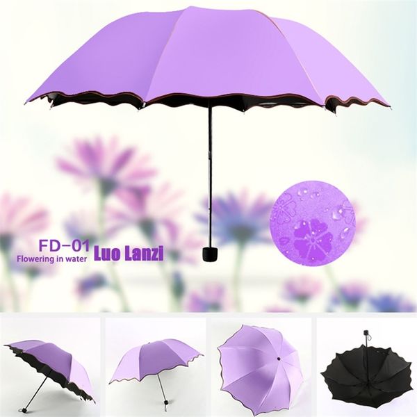 Parapluies portables pour dames coupe-vent 3 fleurs pliantes dans l'eau change de couleur anti-UV soleil / pluie parapluie TI99 210721