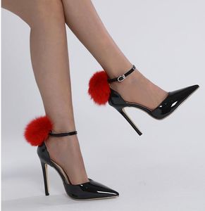 Dames pompes chaussures noires pour femmes talons hauts cuir brevets pointues orteil rouge pompon talons talons robes de fête chaussures 11cm