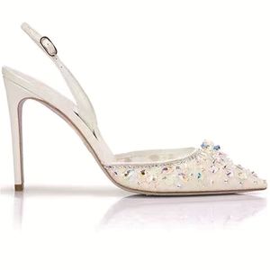 Dames Echt lederen sandalen 2024 9,5 cm Stiletto Hoge Heel Punted Teen Pillage Diamant kleurrijke schoenen feest netten Fairy bruiloft Amerikaans Europa gesp