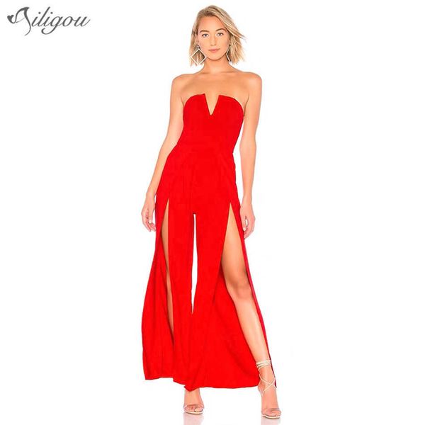 Mesdames Rouge Noir Sexy Halter Jumpsuit Salopette Split Wide-Leg Summer Bandage 210527