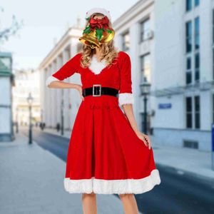 Dames Santa Claus Party Suit Festival Stijl Women Kerst 3 stuks Set met Belt Hat High Taille Halve Sleeve Vakantie Outfit HKD230823