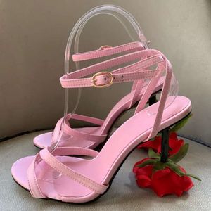 Mesdames Satinleather 2024 Rose SheepSkin Lady Chunky High Heel Sandals Chaussures Boucle cross-liée Open Toe Peep-Toe Europe et Amérique The Catwalk Wedding Party 979 D B272