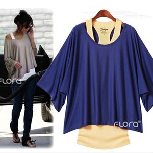 Damesmode Oversized Uitloper Dames Sexy Off Shoulder Losse Batwing Mouw Blouse met Slanke Fitting Vest 2 stks Bundel Sale