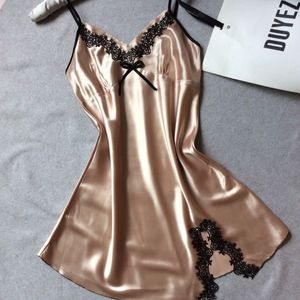 Vestido de noche de satén de seda sexy para mujer Camisones sin mangas Camisón con cuello en V Camisón de talla grande Ropa de dormir de encaje Ropa de dormir para mujer 210518