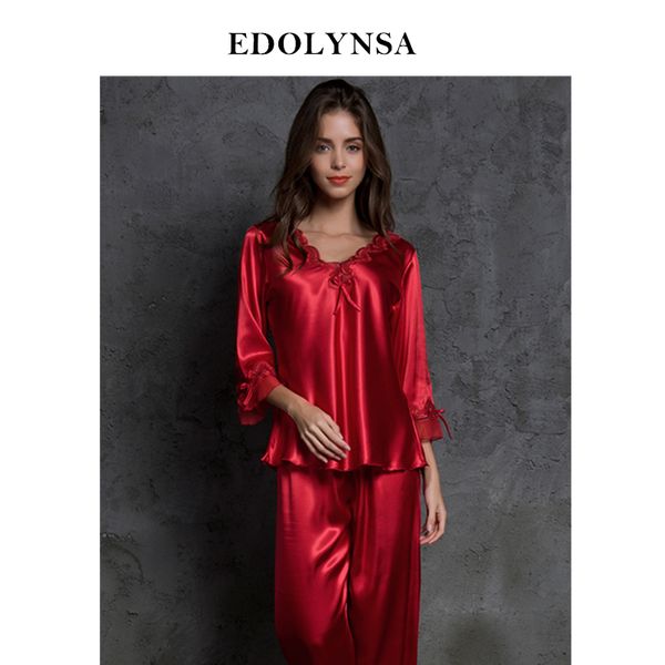 Ensemble de pyjama en satin de soie sexy pour femme Ensemble de pyjama en dentelle Ensemble de pyjama long Ensemble de vêtements de nuit à col en V Automne Vêtements de maison Vêtements de nuit pour femmes H657 Y18102205